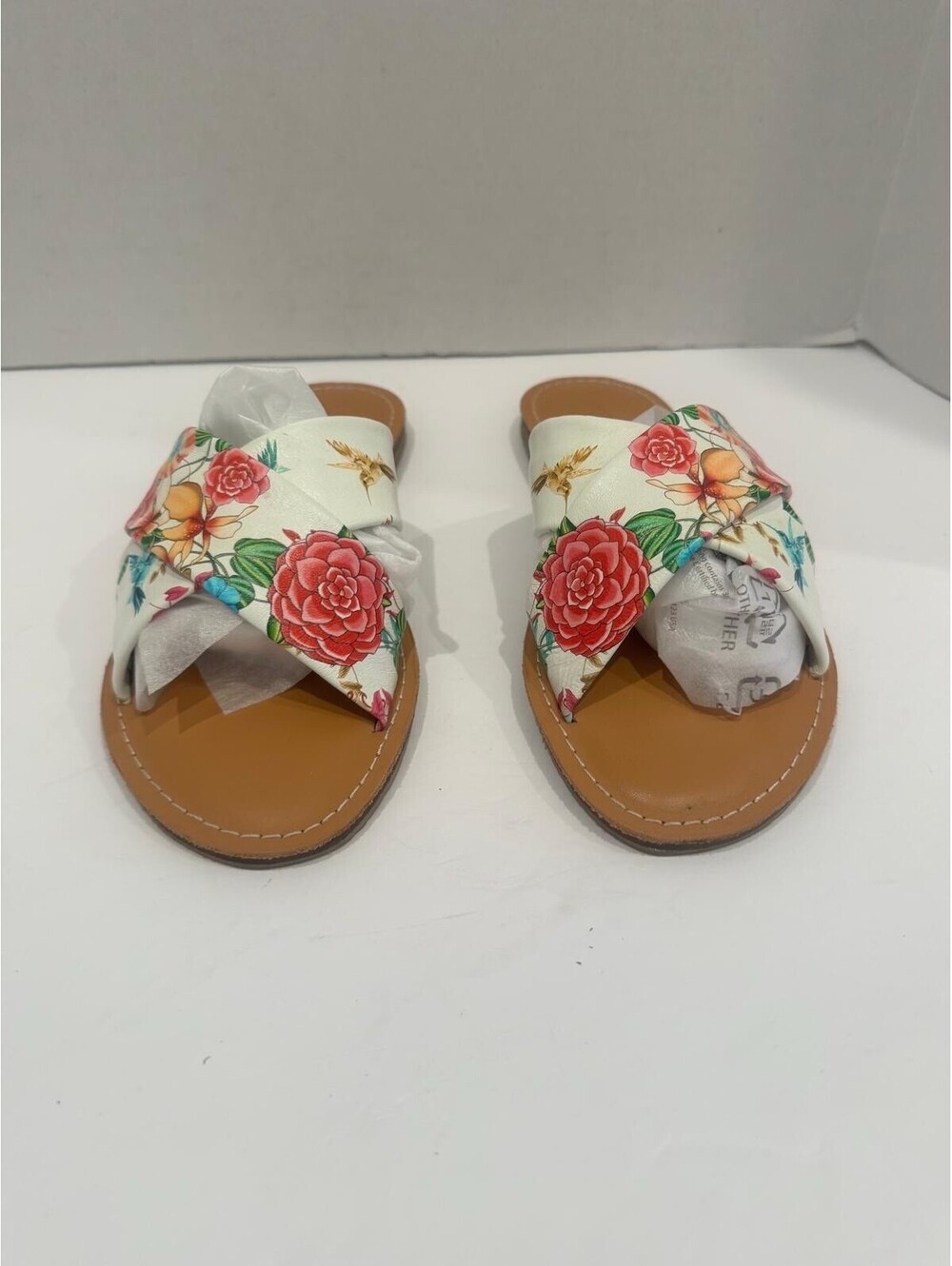 Johnny Was Andra Floral Crisscross Slide Sandals — White Leather | Size 8